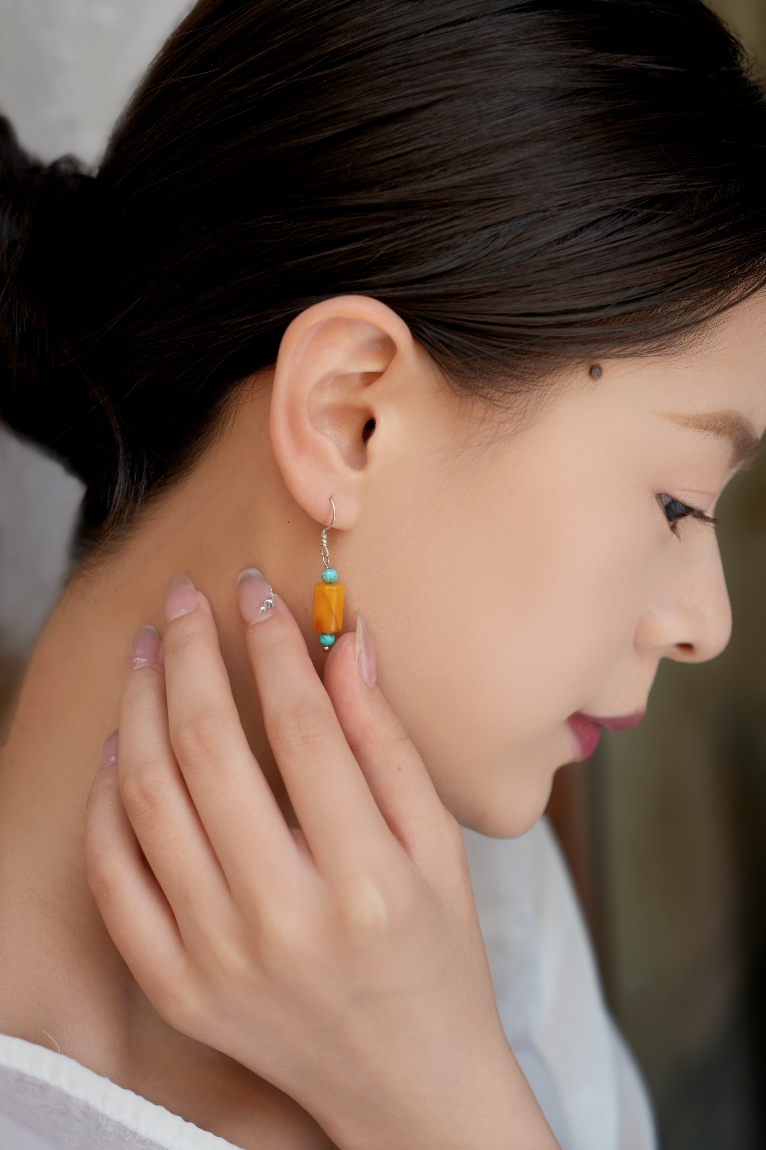 Handmade Natural Mala Amber Turquoise Earrings Vintage Style Gift for Mom