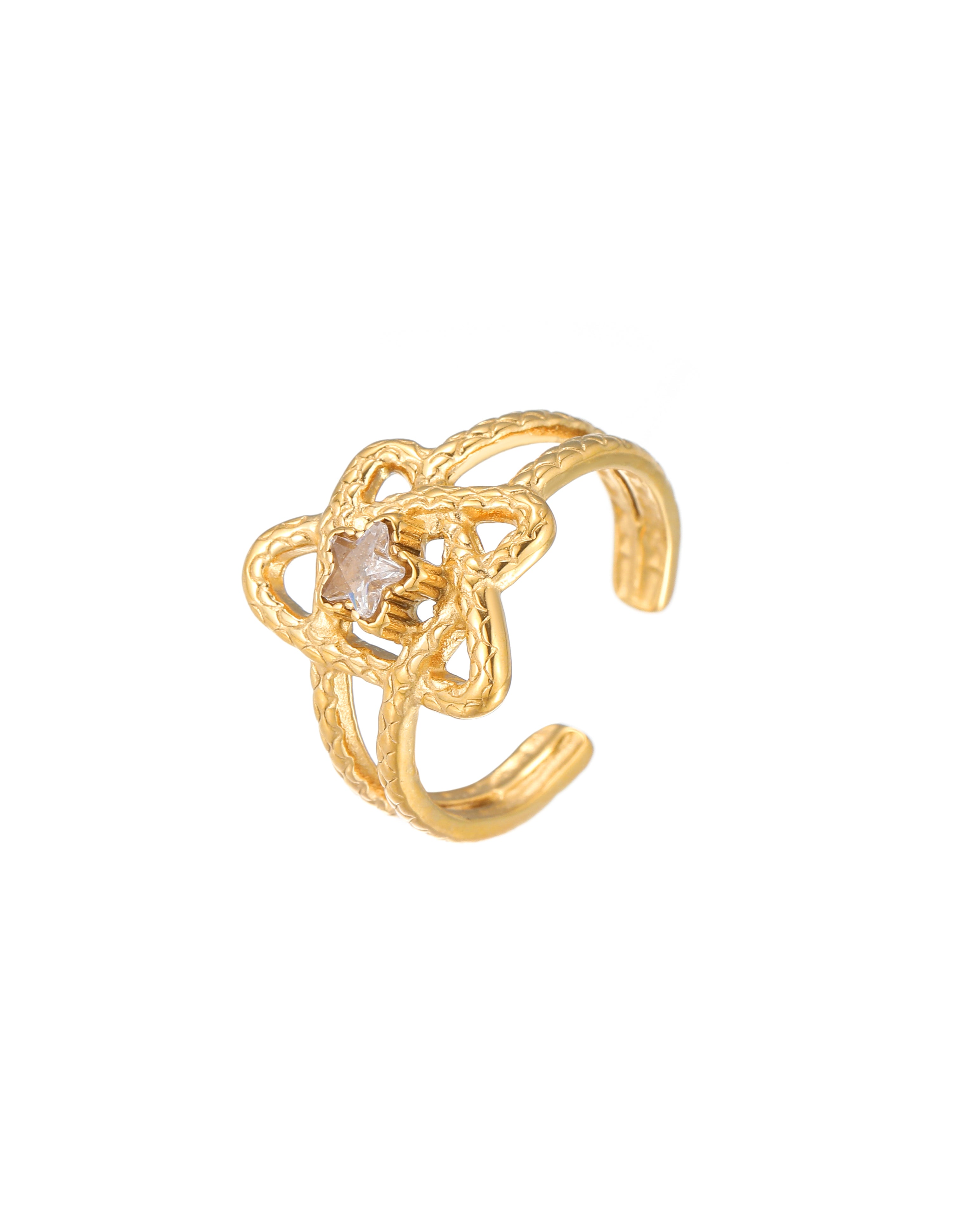 18k gold-plated stainless steel textured star ring featuring a star-cut cubic zirconia center, showing dimensions of 1.57cm height and 1.68cm inner diameter.