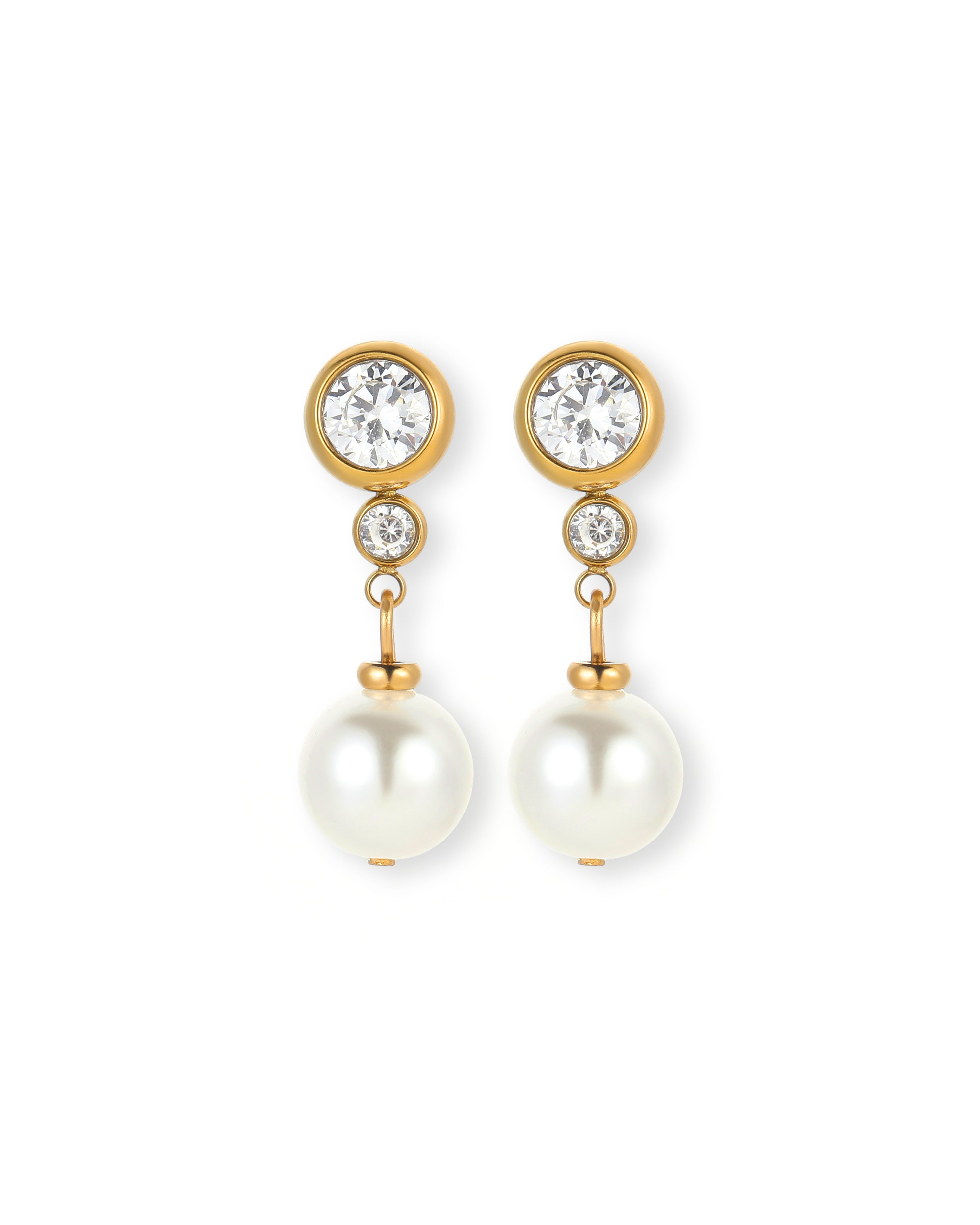 Pair of 18k gold plated stainless steel drop earrings with bezel-set cubic zirconia stones and round pearl drops, showing product dimensions of 2.26cm length and 0.76cm width.