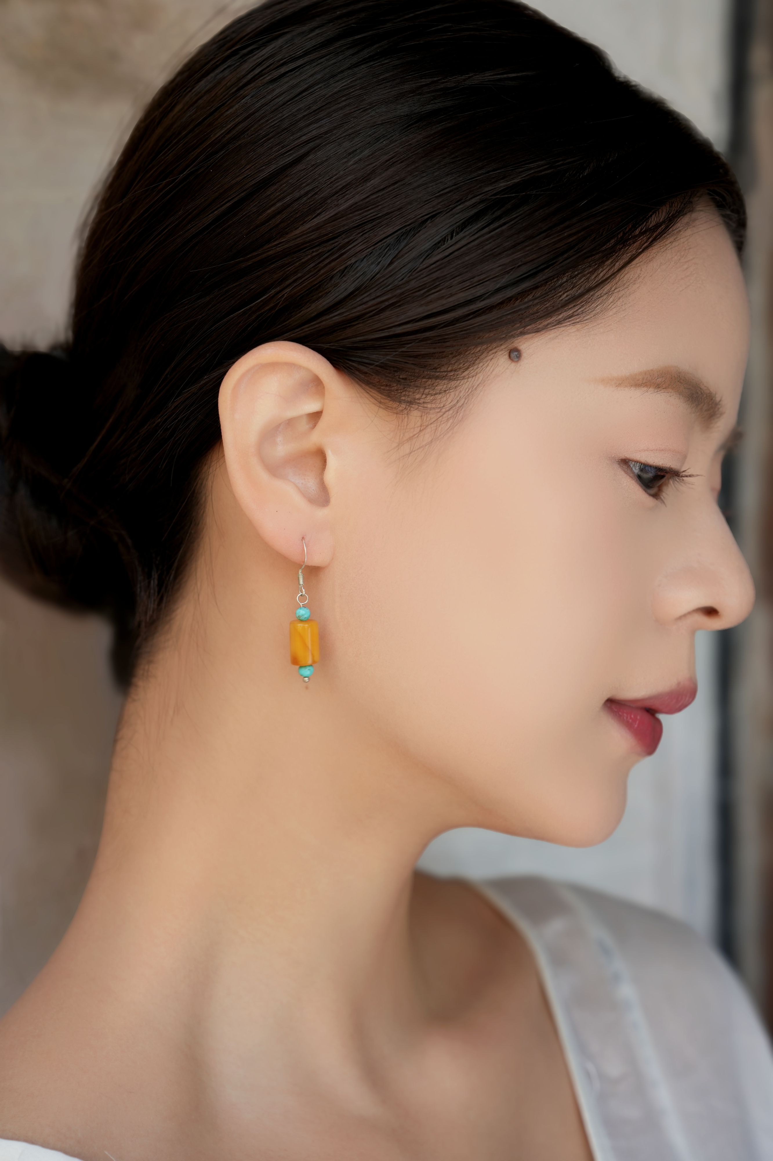 Handmade Natural Mala Amber Turquoise Earrings Vintage Style Gift for Mom