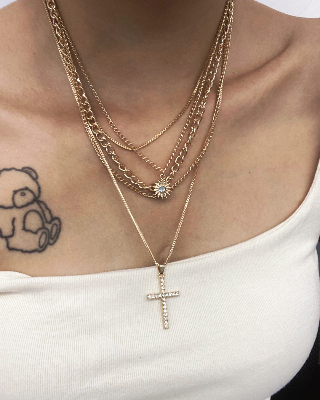 Layered Sun and Cross Zircon Necklace Set
