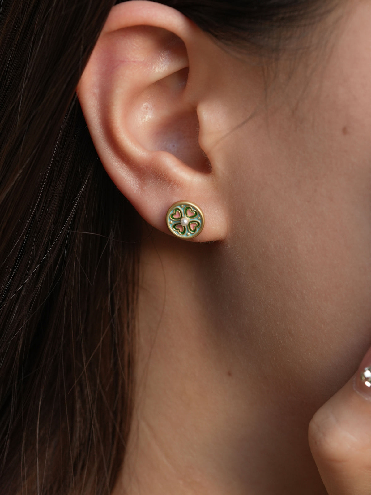 Enamel Clover Pearl Stud Earrings