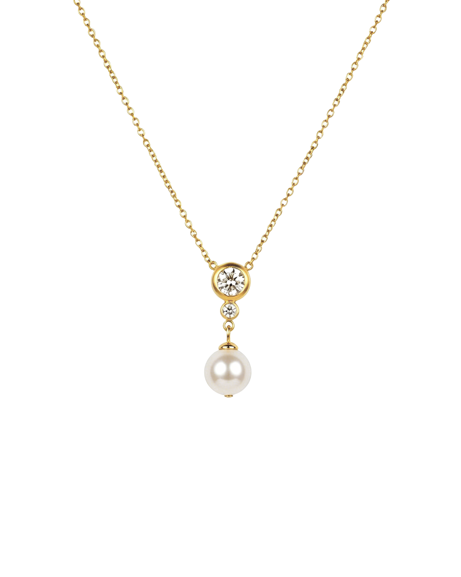 18k gold plated stainless steel necklace featuring a bezel-set cubic zirconia and pearl drop pendant, showing product measurements of 50cm total length and 2.19cm pendant length.