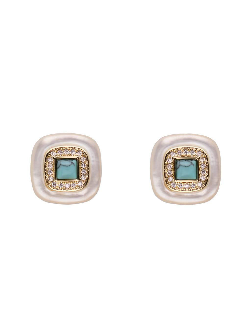 Square Pearl & Turquoise Stud Earrings