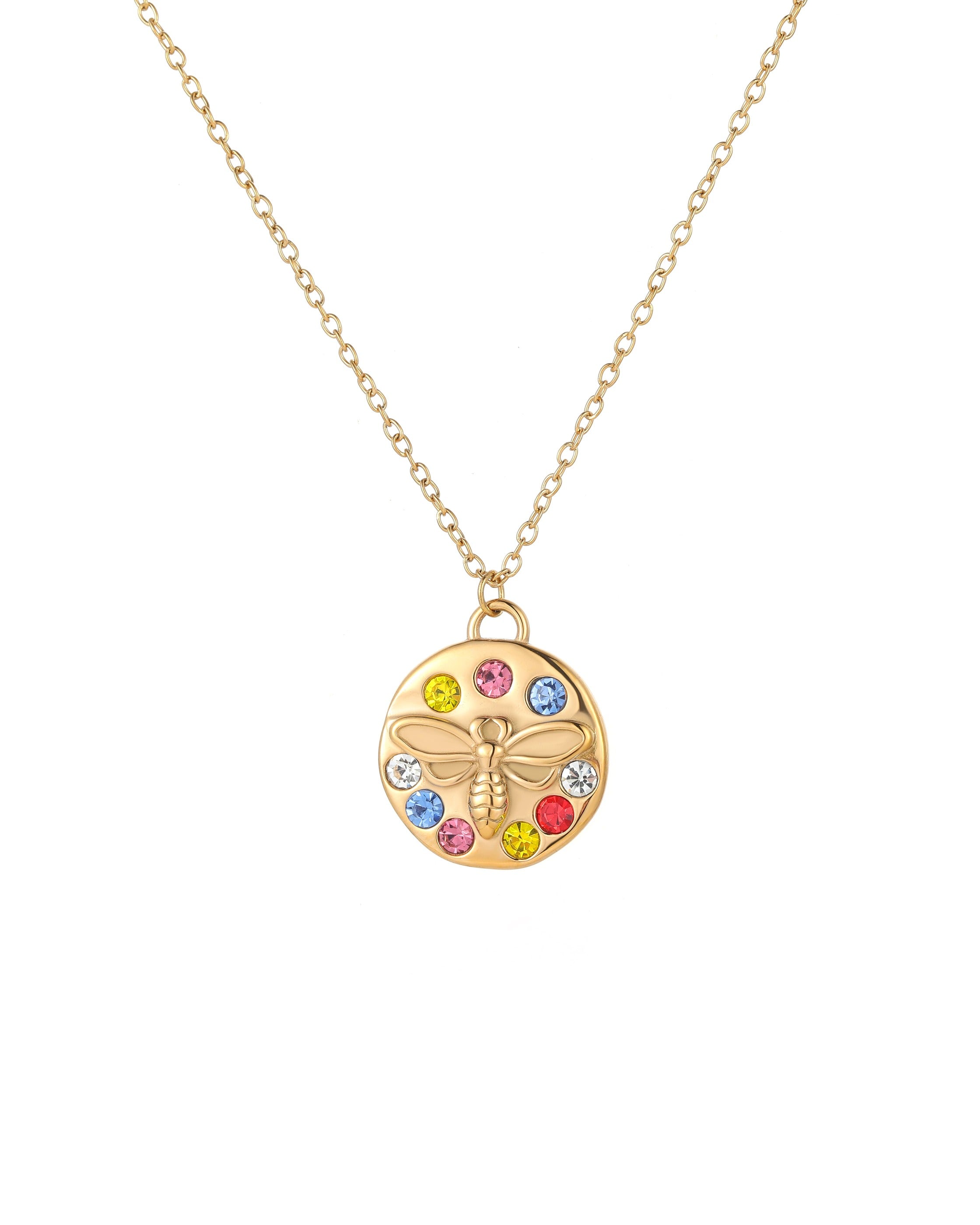 18k gold plated round bee coin pendant necklace with colorful zircon stones showing dimensions: 40+5cm chain length, 1.5mm chain width, and 23.5mm pendant size.