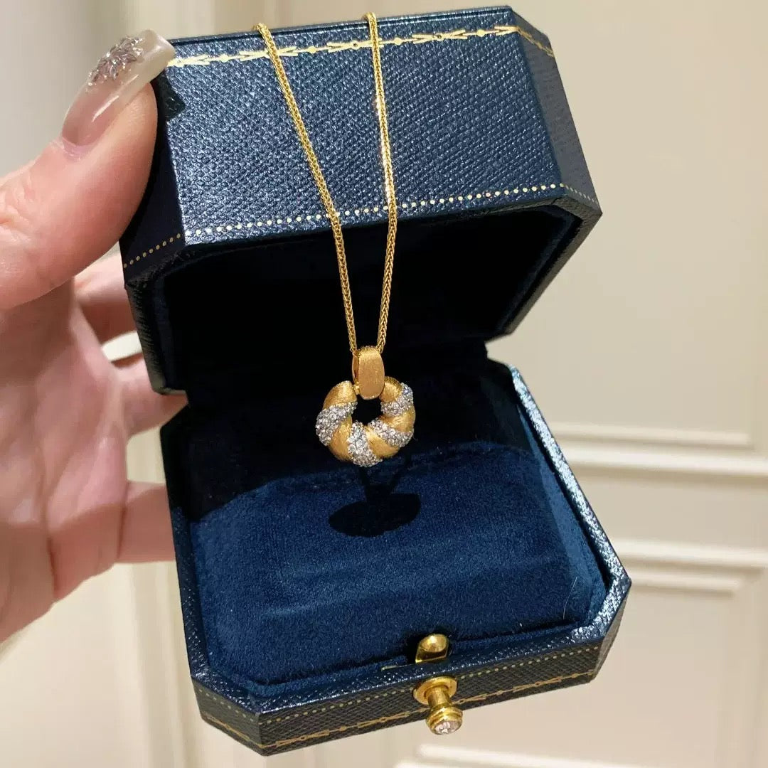 French Vintage Brushed Lucky Gem Pendant Necklace