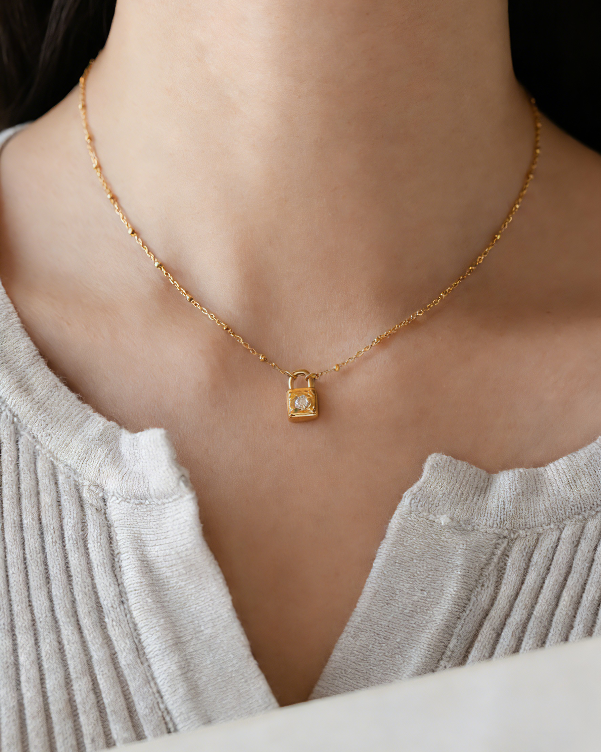 Zircon Lock Pendant Stainless Steel Necklace