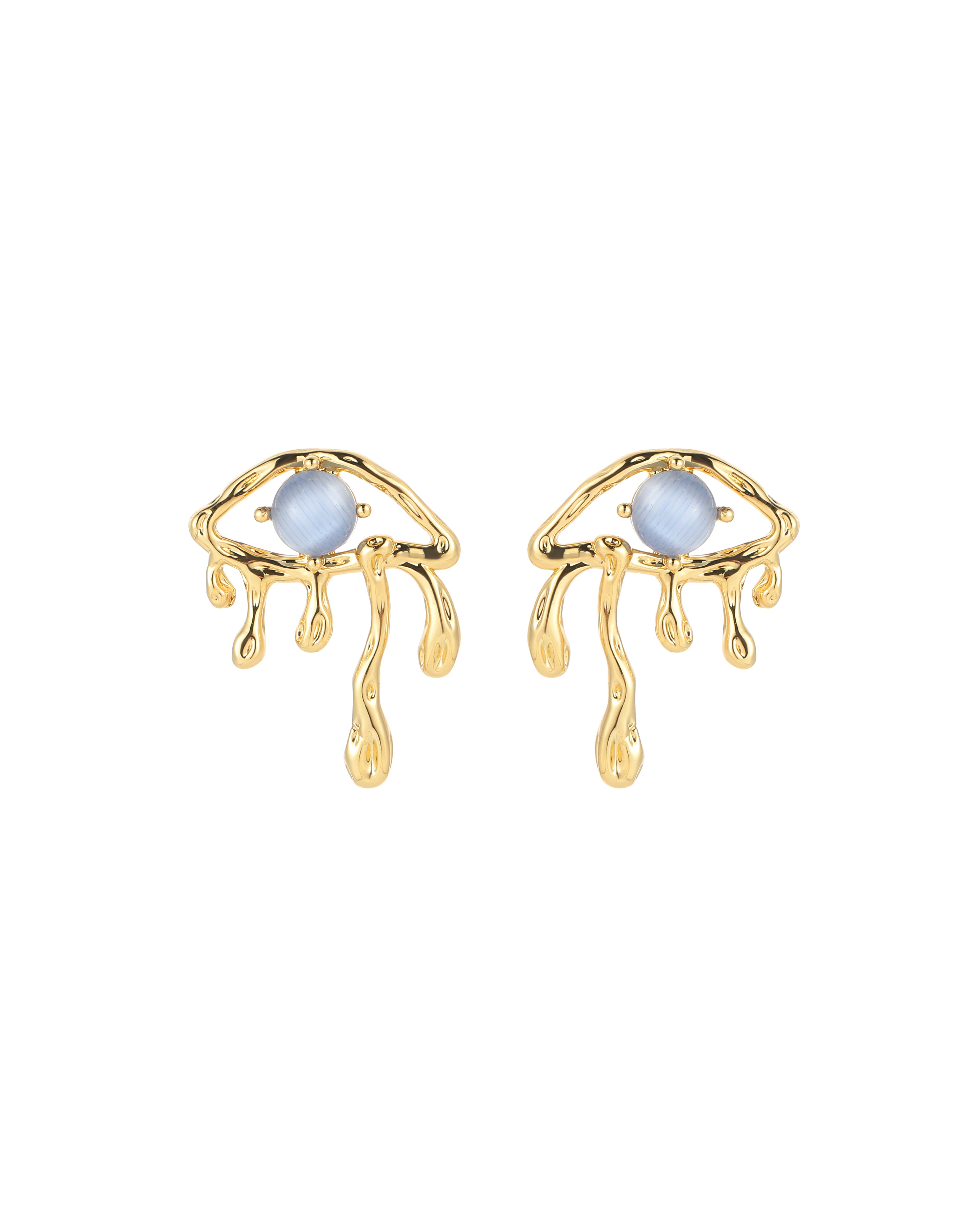 Pair of 18k gold plated molten dripping liquid evil eye stud earrings with blue cat-eye stone pupils, measuring 2cm length by 1.6cm width.