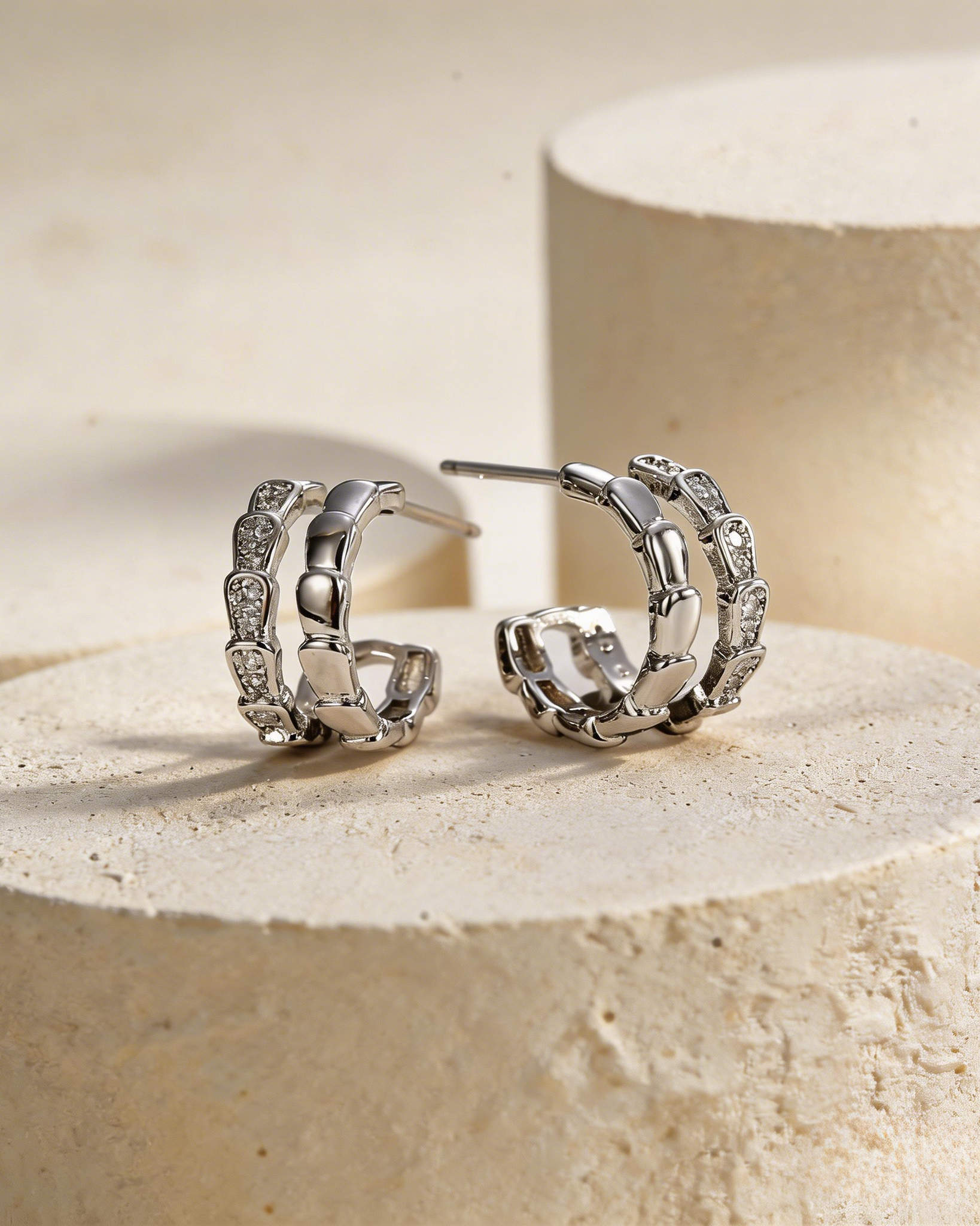 Double Layer C-Hoop Silver Stud Earrings