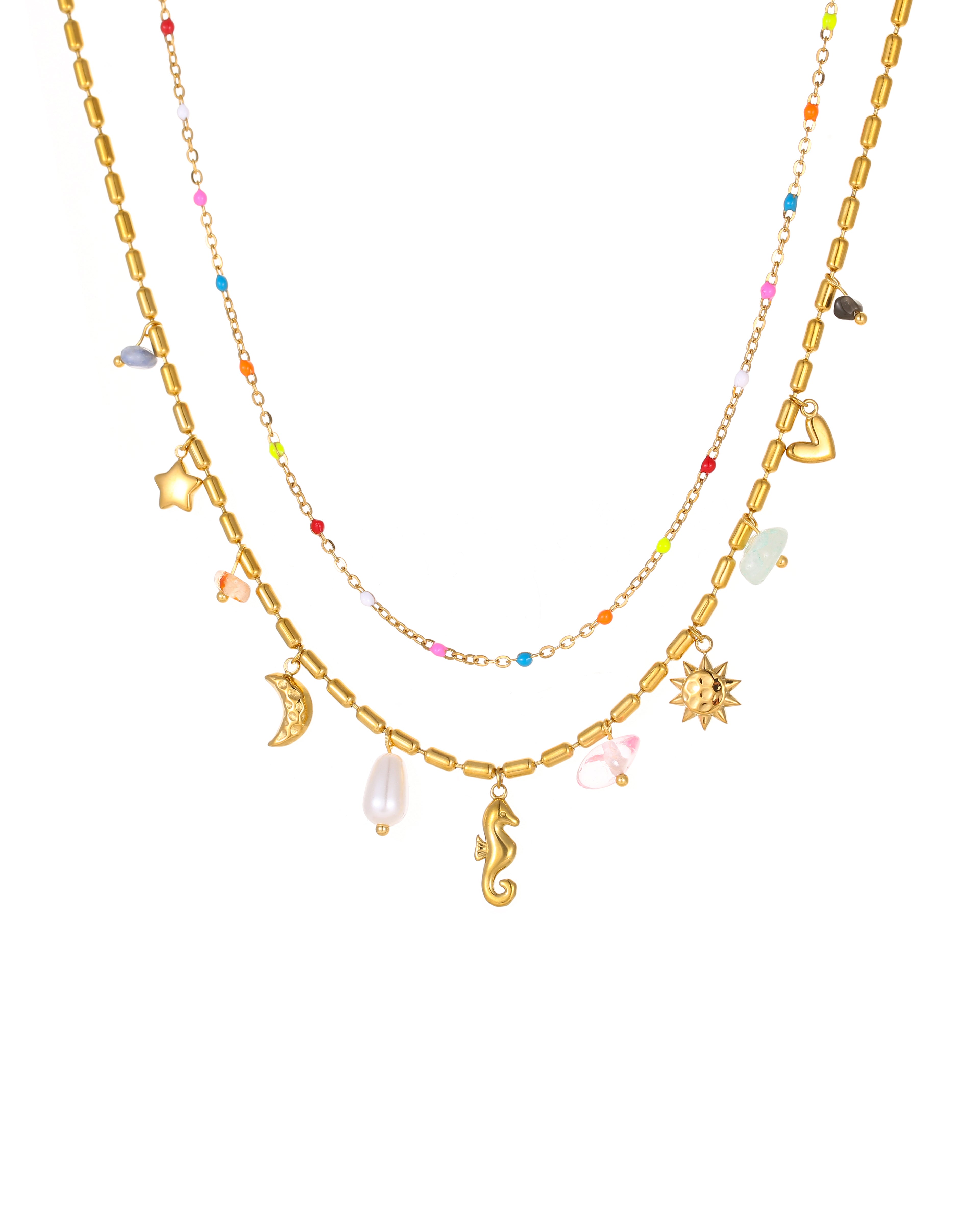18K gold-plated seahorse pearl necklace with two-layer design